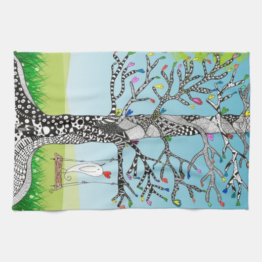 Whimsical Bird on a Tree Swing Keukenhanddoek (Horizontaal)