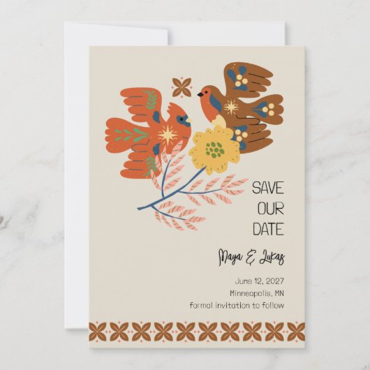 Whimsical Birds Folk Art Bewaar de datum Kaart (Voorkant)