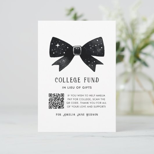 Whimsical Black Bow QR Code College Fund Informatiekaartje (Staand voorkant)