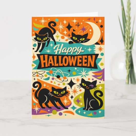 Whimsical Black Cat Atomic Age Halloween Kaart (Voorkant)