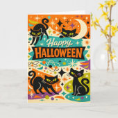 Whimsical Black Cat Atomic Age Halloween Kaart (Gele Bloem)