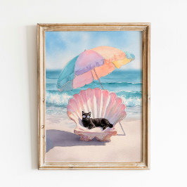 Whimsical Black Cat Beach Print: Seashell Stoel Poster
