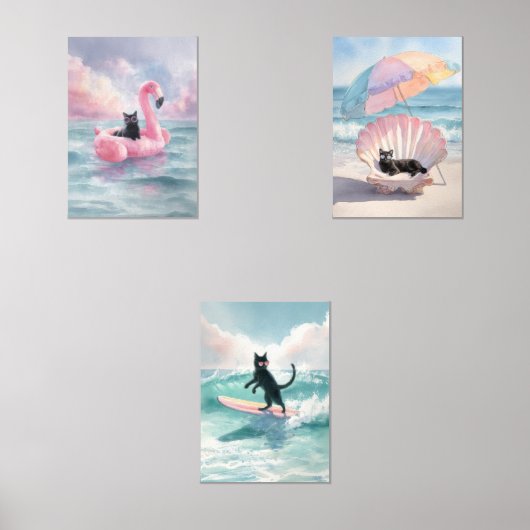 Whimsical Black Cat Beach Print Set: Strandleven Muurkunst Sets (Voorkant)