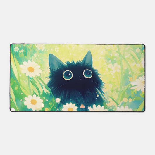 Whimsical Black Cat Daisy Meadow Teal Sky (Recto)