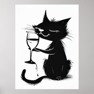 Whimsical Black Cat Drink Wine 2D Poster