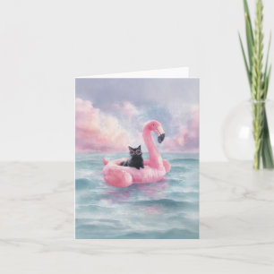 Whimsical Black Cat Flamingo Float Kaart