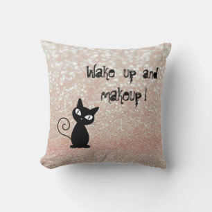 Whimsical Black Cat Glittery Wake up and make-up Kussen