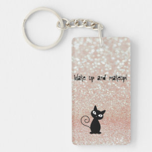 Whimsical Black Cat Glittery Wake up and make-up Sleutelhanger