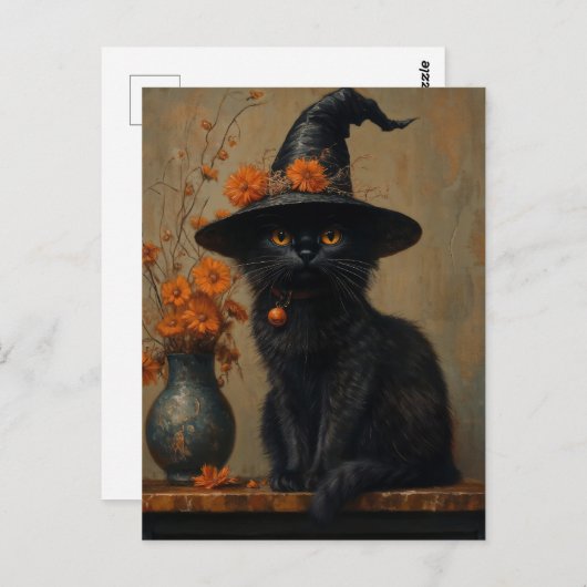 Whimsical  Black Cat in olieverfstijl Briefkaart (Voorkant / Achterkant)
