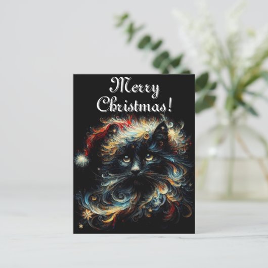 Whimsical Black Cat Santa Christmas Pet Seizoensge Briefkaart (Staand voorkant)