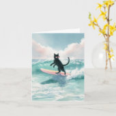 Whimsical Black Cat Surfer Kaart (Gele Bloem)