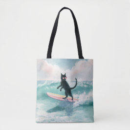 Whimsical Black Cat Surfer Tas
