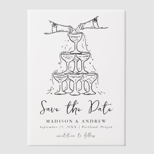 Whimsical Black Champagne Tower Bewaar de datum Vellum Uitnodigingen (Voorkant)