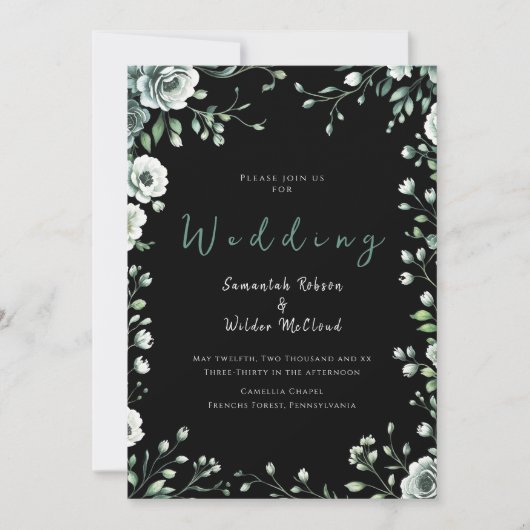 Whimsical Black Greenery en gouden bruiloft Kaart (Voorkant)