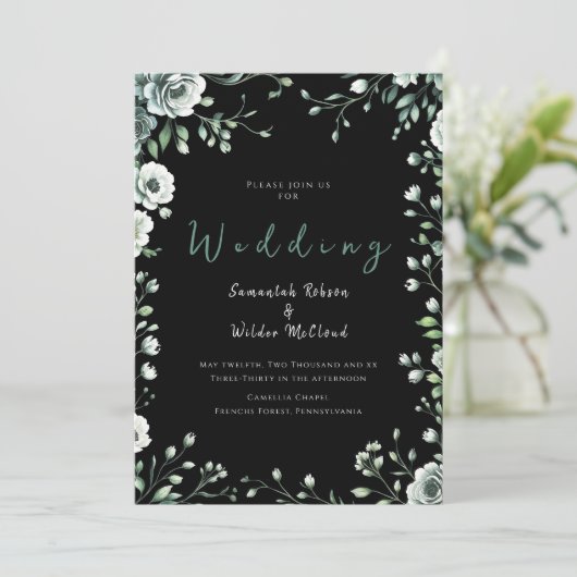 Whimsical Black Greenery en gouden bruiloft Kaart (Staand voorkant)