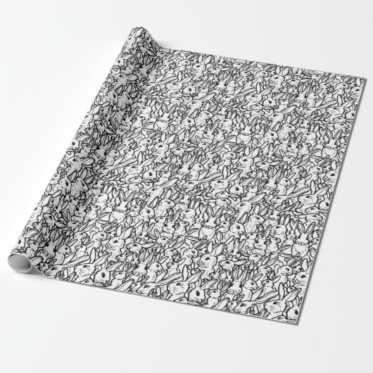 Whimsical Black & White Bunny Rabbit Pattern Cadeaupapier (Uitgerold)