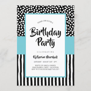 Whimsical Black White en Aqua Birthday Kaart