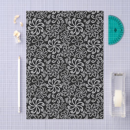 Whimsical Black White Spiral Flower Leafs Pattern Tissuepapier (Craft)