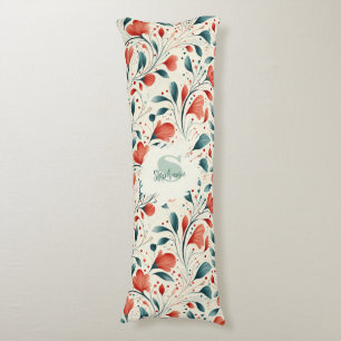 Whimsical Blauw blad & Rode Bloemen Patroon Lichaamskussen