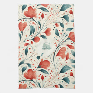 Whimsical Blauw blad & Rode Bloemen Patroon Theedoek