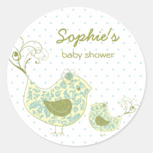 Whimsical Blauw Damast Mama Vogel & Jongen Baby sh Ronde Sticker