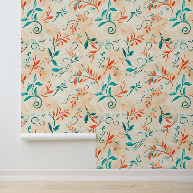 Whimsical Blauw en Rood Paisley Blad Patroon (2) Behang (Applicatie)