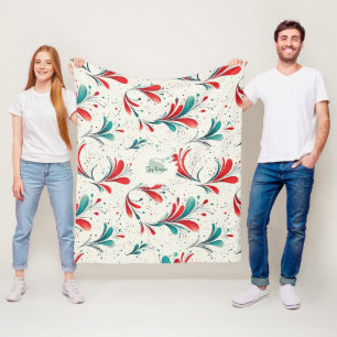 Whimsical Blauw en Rood Paisley Blad Patroon (2) Fleece Deken