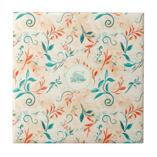 Whimsical Blauw en Rood Paisley Blad Patroon (2) Tegeltje (Voorkant)