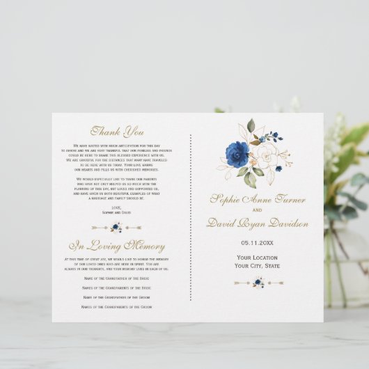 Whimsical Blauw Gouden Bloemen Trouwprogramma (Staand voorkant)