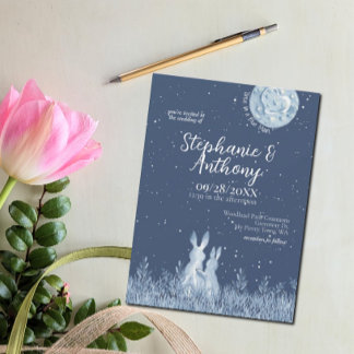 Whimsical Blauw Konijntje Maan Sterren Bruiloft Kaart