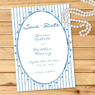 Whimsical blauw ovaal waterverf streep bruiloft save the date