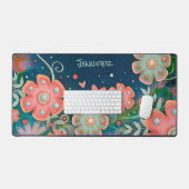 Whimsical Blauw Roze Bloemen Hart Gepersonaliseerd Bureaumat (Keyboard & Muis)