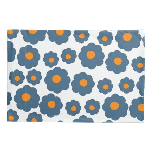 Whimsical Blauw & Sinaasappel Bloemen Retro, Vroli Kussensloop (Achterkant)