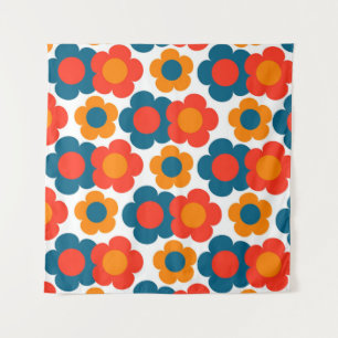 Whimsical Blauw & Sinaasappel Bloemen Retro Vrolij Wandkleed