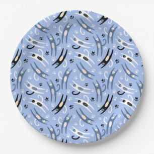 Whimsical Blauw Wit Zwarte Cartoon Kattenpatroon Papieren Bordje