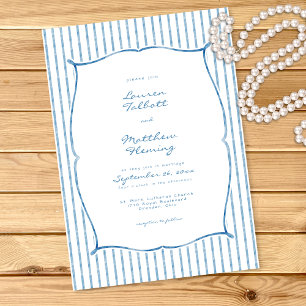 Whimsical Blauw Witte Waterverf Streep Bruiloft Kaart