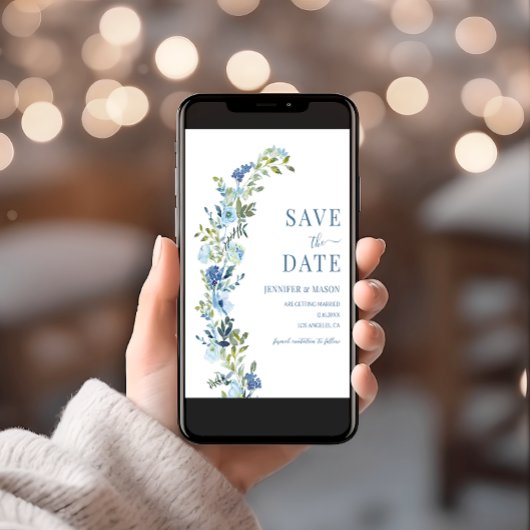 Whimsical Blauwe Bloemkrans Save The Date Kaart