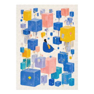 Whimsical Blauwe Gele Waterverf Dromer Kubussen Ab Foto Afdruk