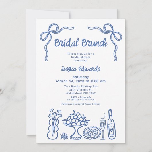 Whimsical Blauwe Hand getrokken Bruids Brunch Douc Kaart (Voorkant)