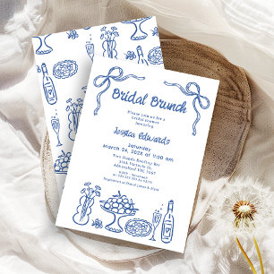 Whimsical Blauwe Hand getrokken Bruids Brunch Douc Kaart