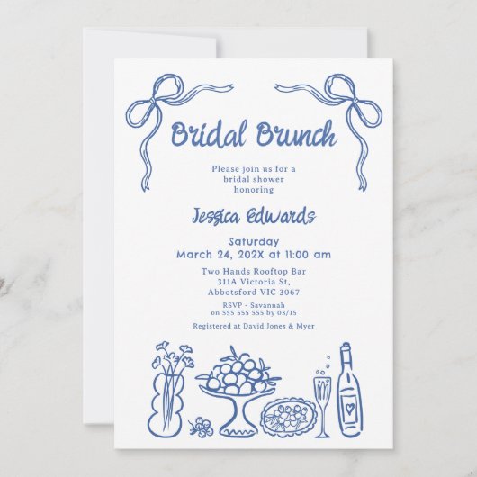 Whimsical Blauwe Hand getrokken Bruids Brunch Douc Kaart (Voorkant)