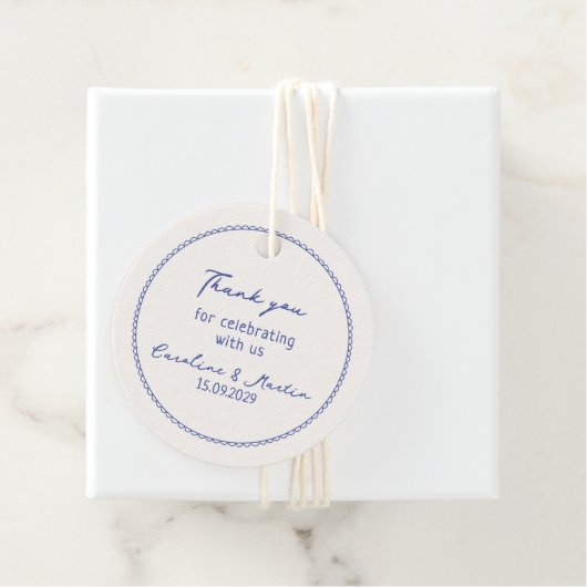 Whimsical, blauwe hand getrokken bruiloft bedankt bedankjes labels (In situ)