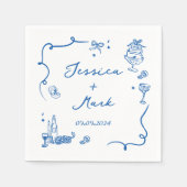 Whimsical Blauwe Hand Getrokken Bruiloft Servet (Voorkant)