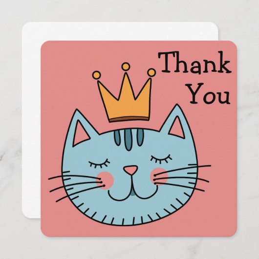 Whimsical blauwe kat met een gele kroon Dank u (Voorkant / Achterkant)