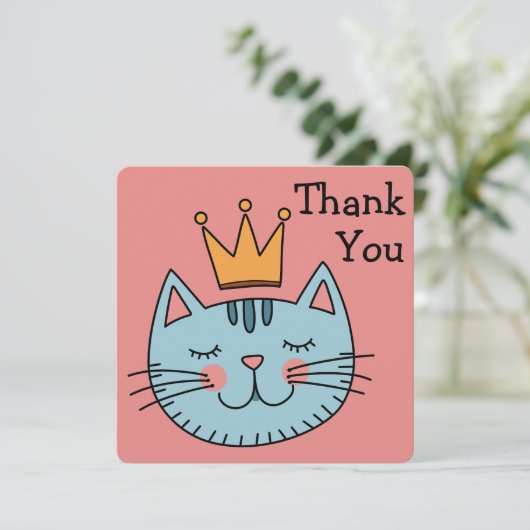 Whimsical blauwe kat met een gele kroon Dank u (Staand voorkant)
