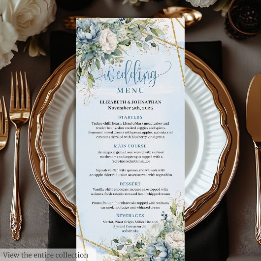Whimsical blauwe pioenrozen gouden frame diner men menu