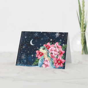 Whimsical Blauwe Roze Bloemige Zeeschildpad Kerstm Feestdagen Kaart