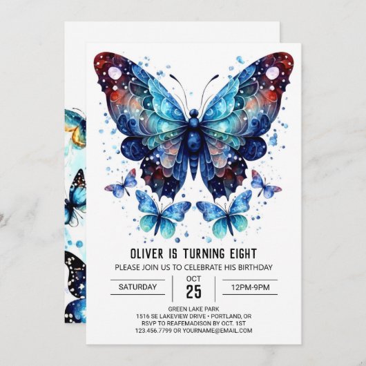 Whimsical Blauwe Vlinder Jongen Verjaardag Kaart (Voorkant / Achterkant)