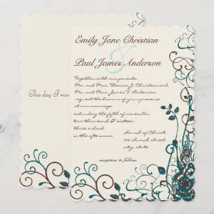 Whimsical Blauwgroen & Brown Swirls Wedding Invita Kaart