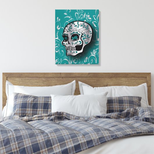 Whimsical Blauwgroen en Zilveren Suikerschedel Canvas Afdruk (Insitu (Slaapkamer))